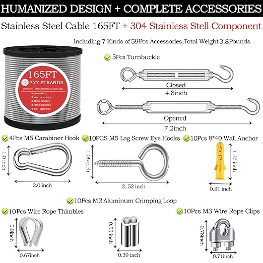 165FT Steel Cable Kit | M5 Turnbuckle & 1/8" Stainless Steel Wire Rope - Image 2
