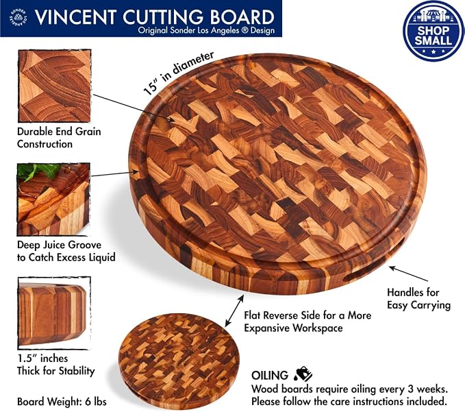 Sonder LA, End Grain Teak Wood Cutting Board 15" Round 1.5" Thick - Image 2