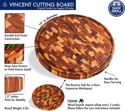 Sonder LA, End Grain Teak Wood Cutting Board 15" Round 1.5" Thick - Image 2