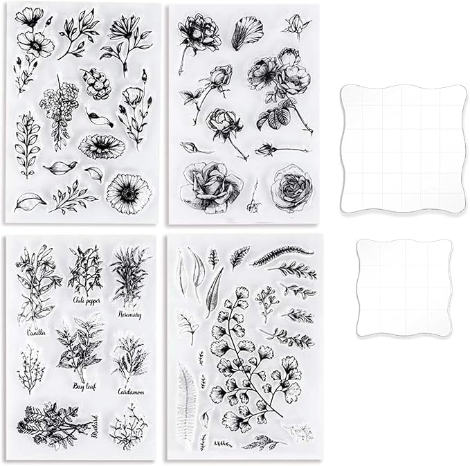 UCEC 4 Sheets Clear Stamps Set for Card Making, Vintage Plants Flowers Rubber by UCEC