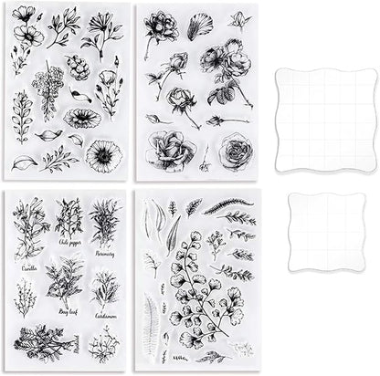 UCEC 4 Sheets Clear Stamps Set for Card Making, Vintage Plants Flowers Rubber by UCEC