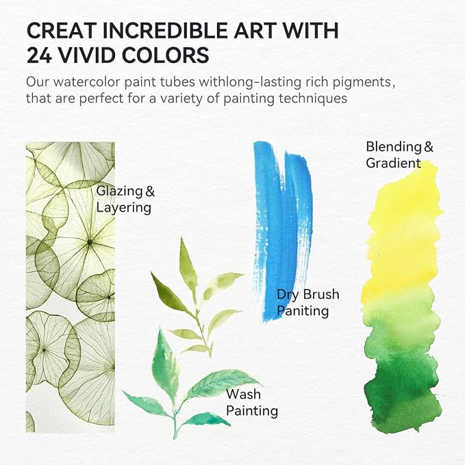 LIGHTWISH Professional Watercolor Paint Tube Set Artist Grade, 9 ML 24 Vivid - Image 6