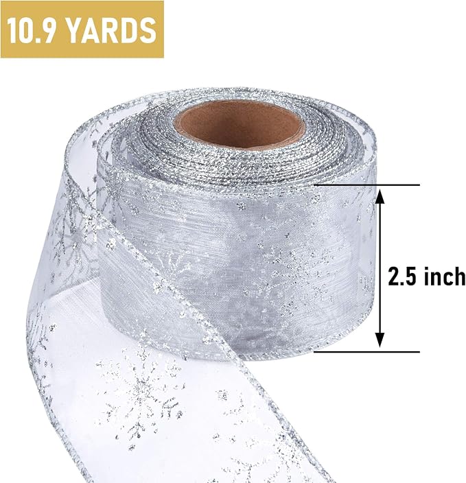 2.5 Inch Wide Christmas Wired Ribbon Snowflake Organza Sheer Glitter Ribbon - Image 2