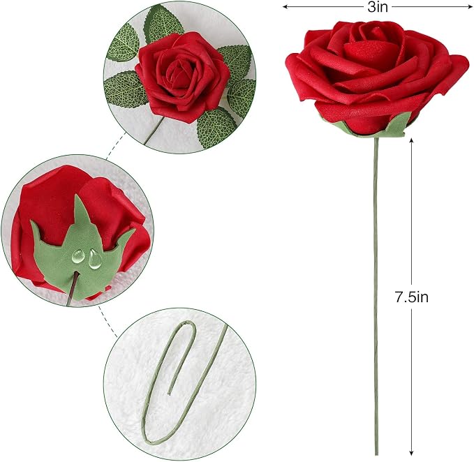 AmyHomie Artificial Flower Dark Red Rose 25pcs Real Looking Fake Roses w/Stem - Image 3