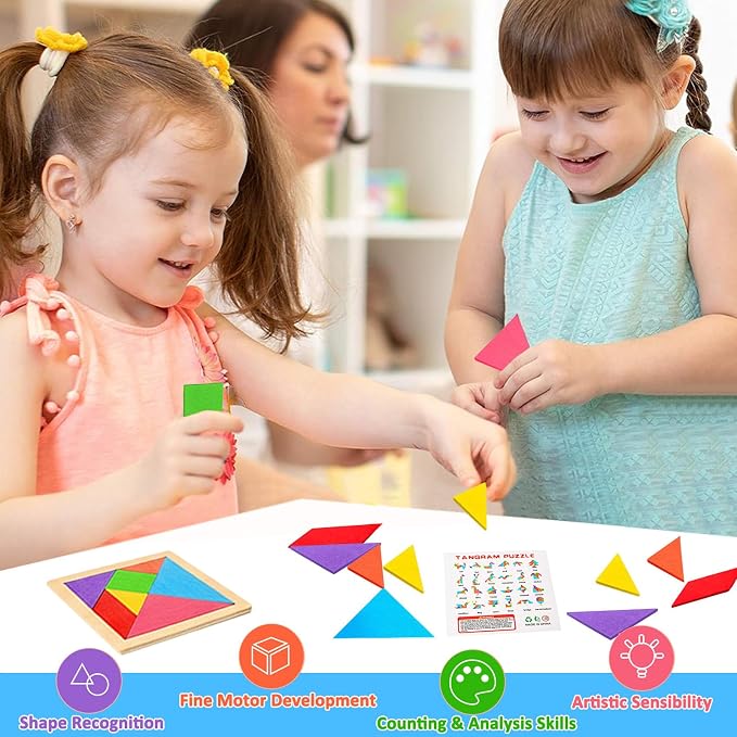 12 Pack Tangram Puzzle Wooden Kids Party Favors, Goodie Bags Stuffers - Image 3