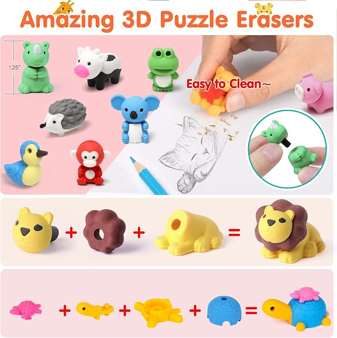 34 Pack Animal Pencil Erasers for Kids, 3D Mini Puzzle Take Apart Erasers - Image 5