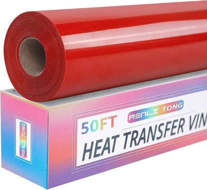 RENLITONG Red Iron on Vinyl 12Inch by 50ft Roll HTV Heat Transfer Vinyl by RENLITONG