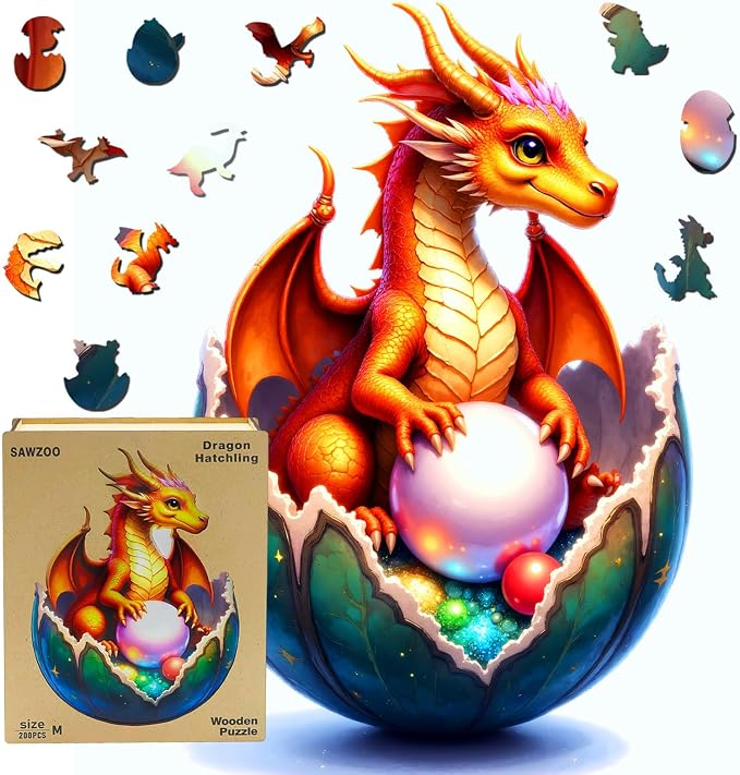 Wooden Jigsaw Puzzles for Adults and Kids, Dragon Hatchling 200 Piece Unique by SAWZOO