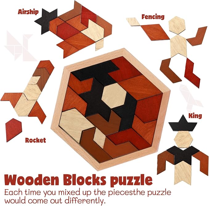 Yunsailing 3 Pack Hexagon Wooden Puzzle Wood Russian Blocks Tangram Puzzle - Image 7