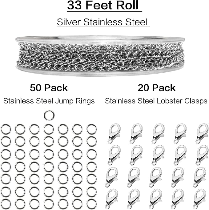 Jishi 33ft Necklace Extender Chain 3mm Silver Stainless Steel Curb Link Chain - Image 2