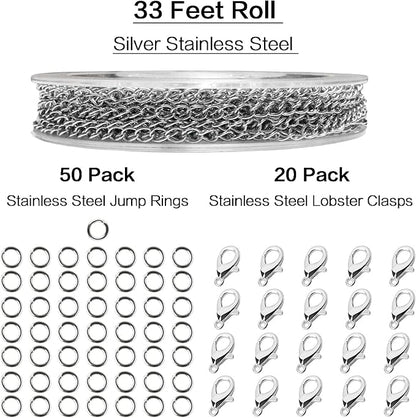Jishi 33ft Necklace Extender Chain 3mm Silver Stainless Steel Curb Link Chain - Image 2