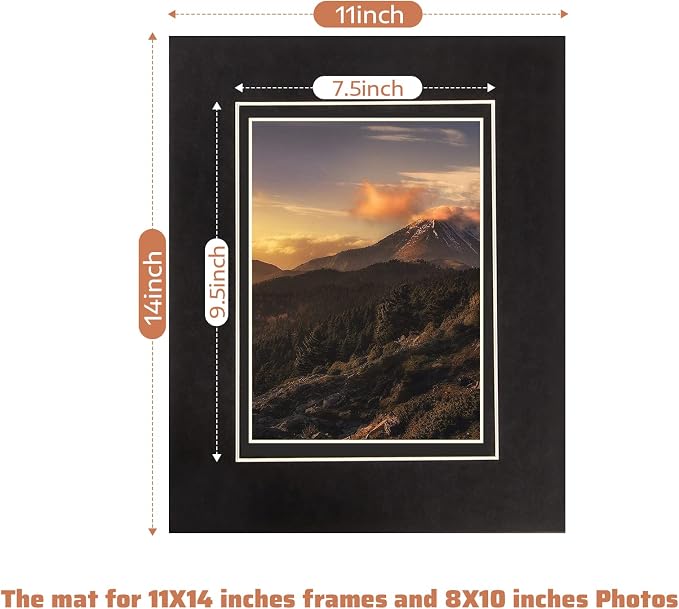 HOTUO 10 Pack Acid Free Black Picture Frame Mats, Pre-Cut 11x14 Picture Mats - Image 2