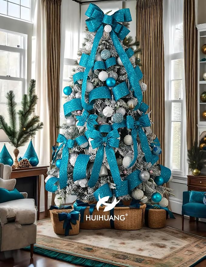 HUIHUANG Turquoise Glitter Wired Ribbon 4 inch Teal Christmas Tree Ribbon - Image 6