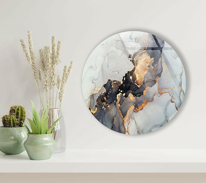 My Photostation.com 31.5'' Diameter Gold Details Gray Marble Round Glass Wall - Image 4
