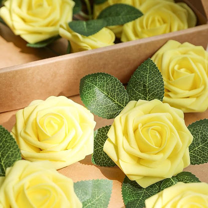 AmyHomie Artificial Flower Yellow Rose 25pcs Real Looking Fake Roses w/Stem - Image 3