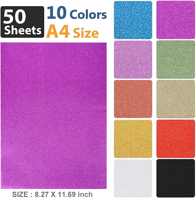 UCEC Glitter Cardstock Paper, 50 Sheets 10 Colors, 8.3 x 11.7 Inch - Image 3