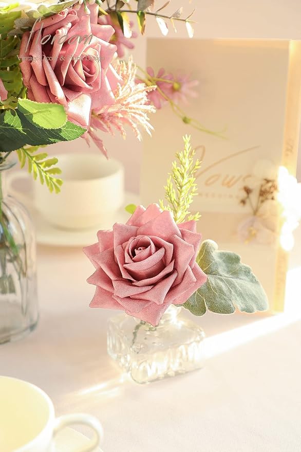 Floroom Artificial Flowers 16pcs 3.5" Real Looking Dusty Rose Foam Fake Hybrid - Image 3