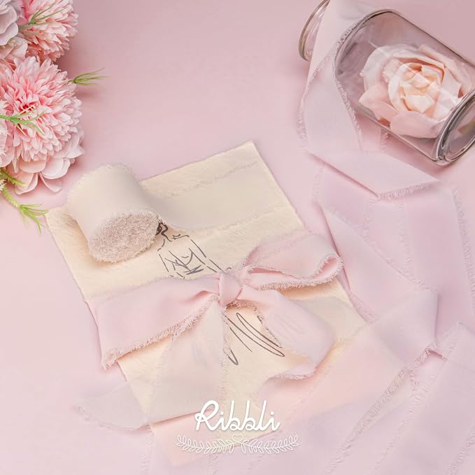 Ribbli Pale Blush Pink Chiffon Ribbon 1-1/2 inch x 20 Yard Handmade Fringe - Image 5
