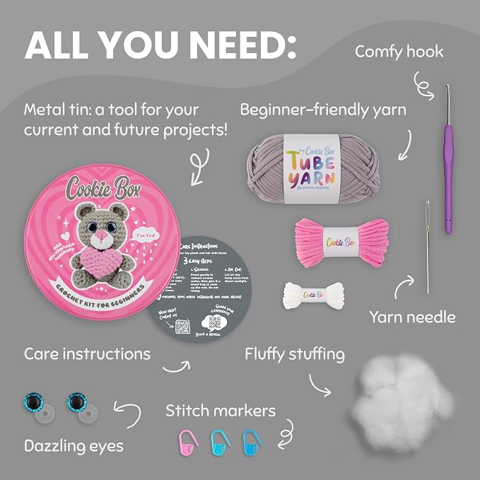 Cookie Box Crochet Kit for Beginners – Gift Set to Make Bear Ted Amigurumi - Image 2
