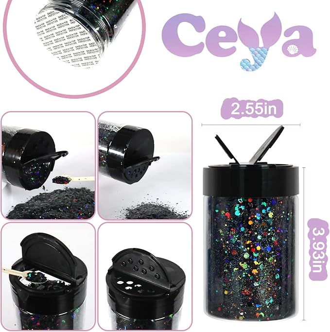 Ceya Holographic Chunky Glitter, 4.9oz/ 140g Black Craft Glitter Powder Mixed - Image 4