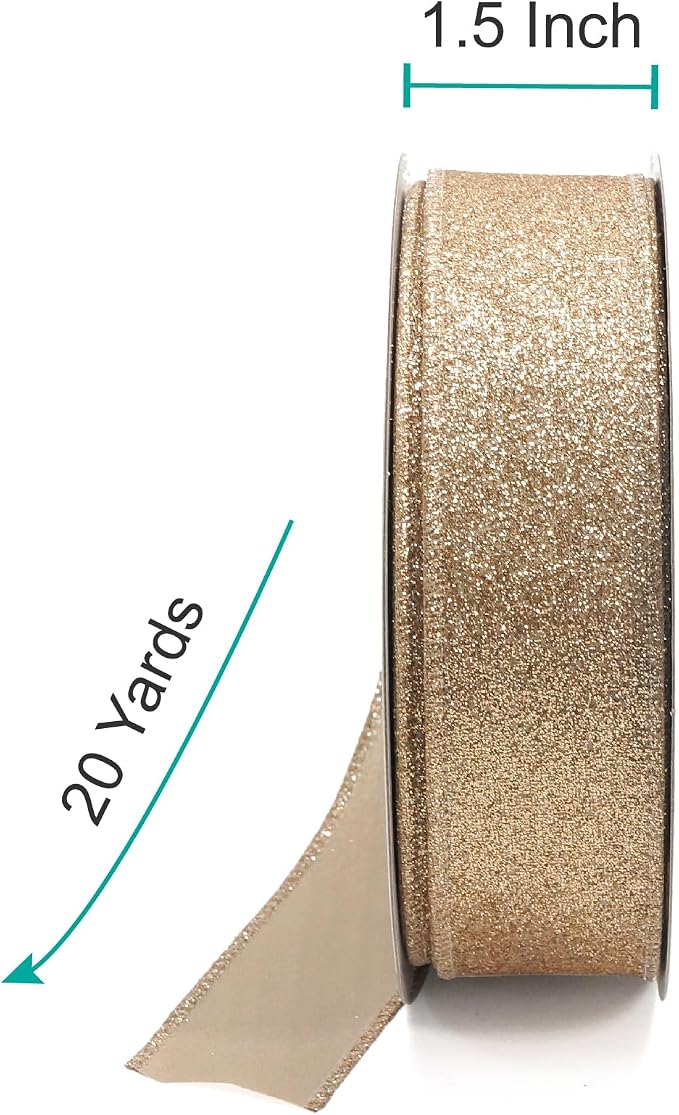 CT CRAFT LLC Glitter Wired Ribbon 1.5" x 20 Yards Gold - Image 2