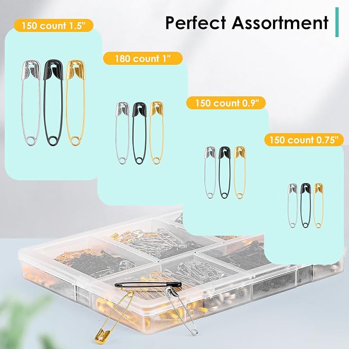 630 Pack Safety Pins Assorted, 5 Different Sizes Small and Large Safety Pin - Image 2
