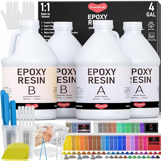 4 Gallon Epoxy Resin Kit with Mica Powder, Cups & Stick, Crystal Clear Resin by Smallbudi