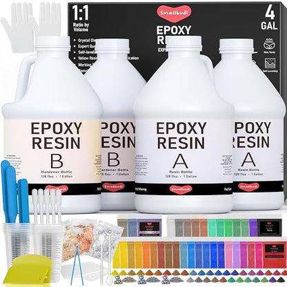 4 Gallon Epoxy Resin Kit with Mica Powder, Cups & Stick, Crystal Clear Resin by Smallbudi