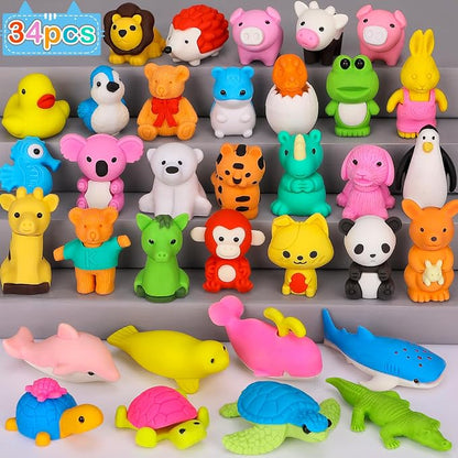 34 Pack Animal Pencil Erasers for Kids, 3D Mini Puzzle Take Apart Erasers by Moosia