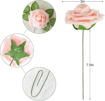 AmyHomie Artificial Flower Blush Pink Rose 25pcs Real Looking Fake Roses w/Stem - Image 2