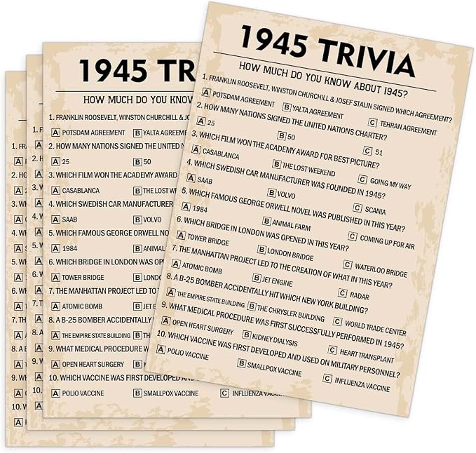 80th Birthday Party Games, 1945 Trivia Games, Birthday Party Supplies by QUPT