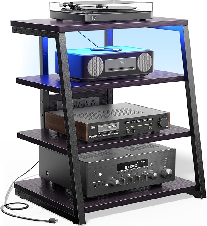 AV Media Stand with Outlets, Media Console with LED Lights, Stereo Racks and by Besiost