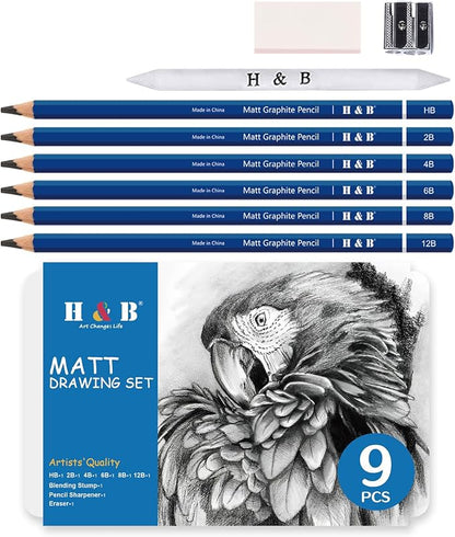 H & B Profession Sketch Pencils 9-Piece, Matte Sketch pencils, Sketch Pencil Set by HB