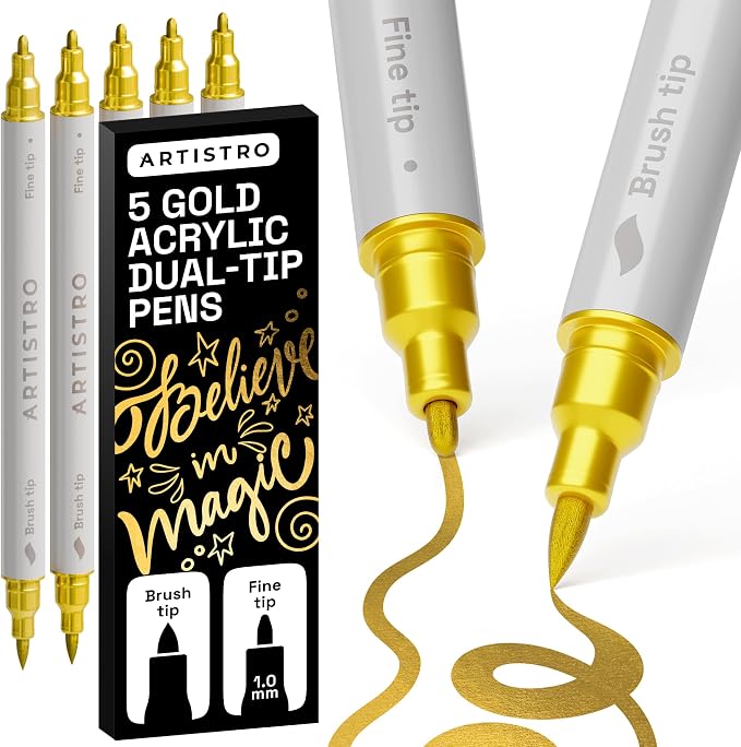 ARTISTRO 5 Gold Dual Tip Brush + Fine Acrylic Paint Markers by ARTISTRO