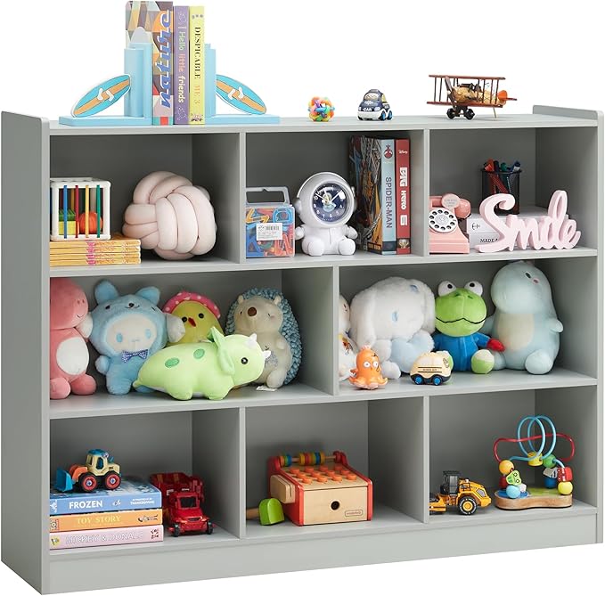 3-Tier Bookshelf, 8-Section Wooden Bookcase, Storage Organizer by Onirw