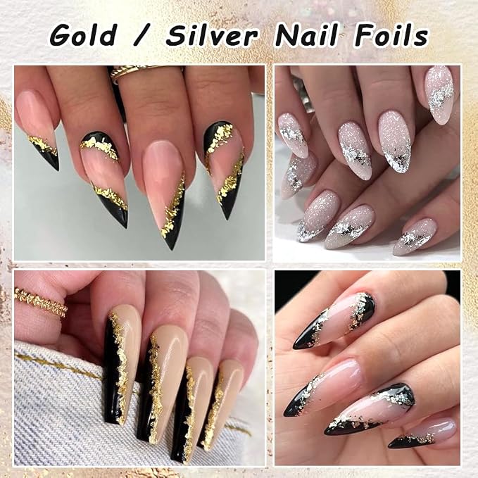 6 Bottles Holographic Nail Glitter Foils, Metallic Gold Silver Hot Pink - Image 2