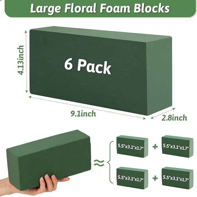 MAPVOLUT 6 Pack Green Floral Foam Blocks + 2 Rolls Waterproof Floral Tape | Wet - Image 3