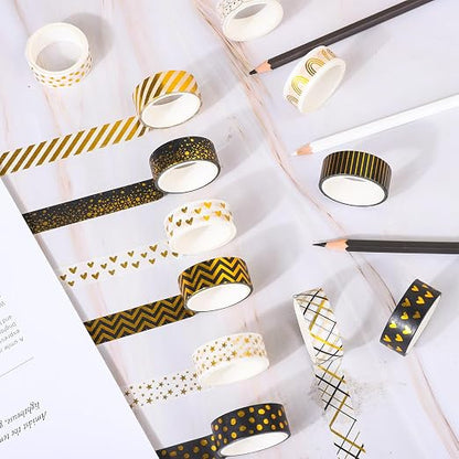 Whaline 12 Rolls Gold Foil Pattern Washi Tape Heart Dot Stripe Rainbow Masking - Image 4
