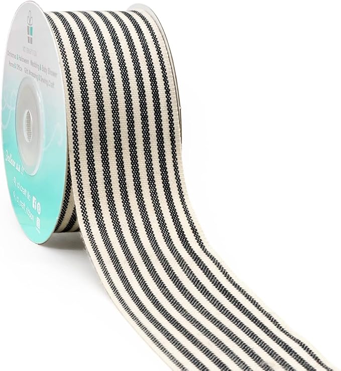 CT CRAFT LLC Ivory Cotton Black Stripes Ribbon 1.5" x 10 Yards by CTCRAFTLLC