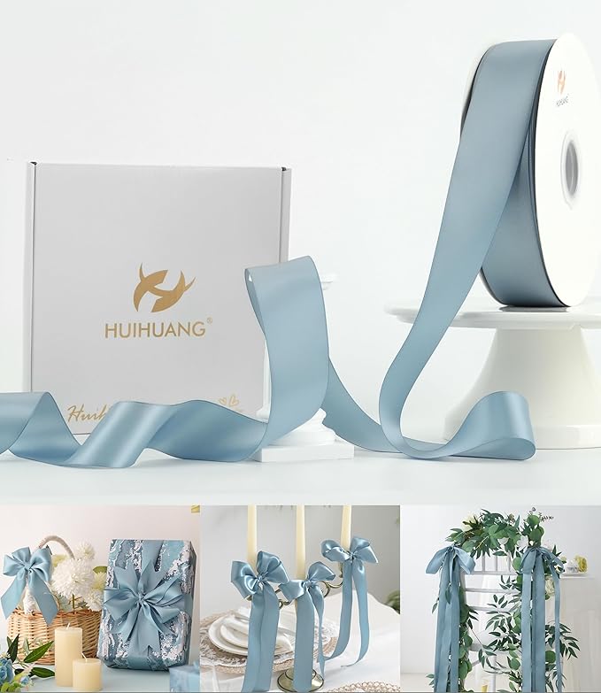 HUIHUANG Blue Satin Ribbon 1-1/2 inch x 100 Yards Dusty Blue Double-Faced Satin by HUIHUANG