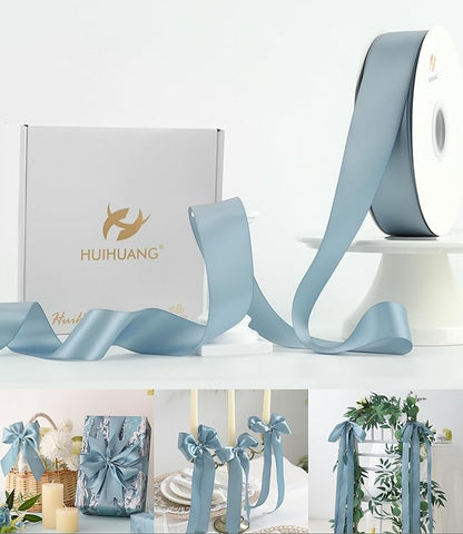 HUIHUANG Blue Satin Ribbon 1-1/2 inch x 100 Yards Dusty Blue Double-Faced Satin by HUIHUANG
