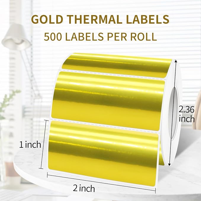 1" x 2" Gold Thermal Label Stickers, Waterproof Thermal Printer Sticker Labels - Image 2