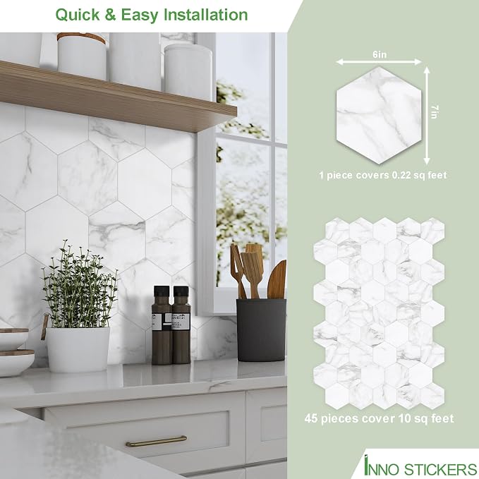 45-Sheet Hexagon Peel and Stick Backsplash, Stone Composite Stick on Decorative - Image 3