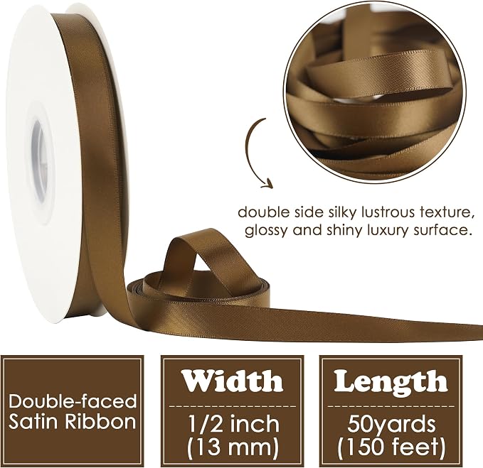 HUIHUANG Brown Satin Ribbon 1/2 inch Continuous 50 Yards Double-Faced Satin - Image 2