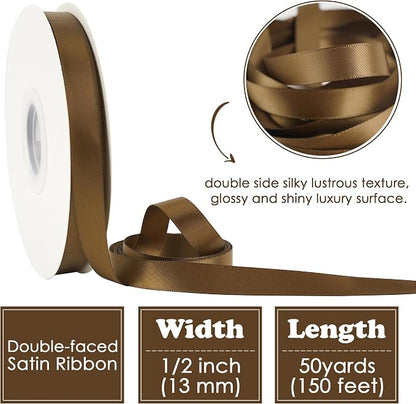 HUIHUANG Brown Satin Ribbon 1/2 inch Continuous 50 Yards Double-Faced Satin - Image 2