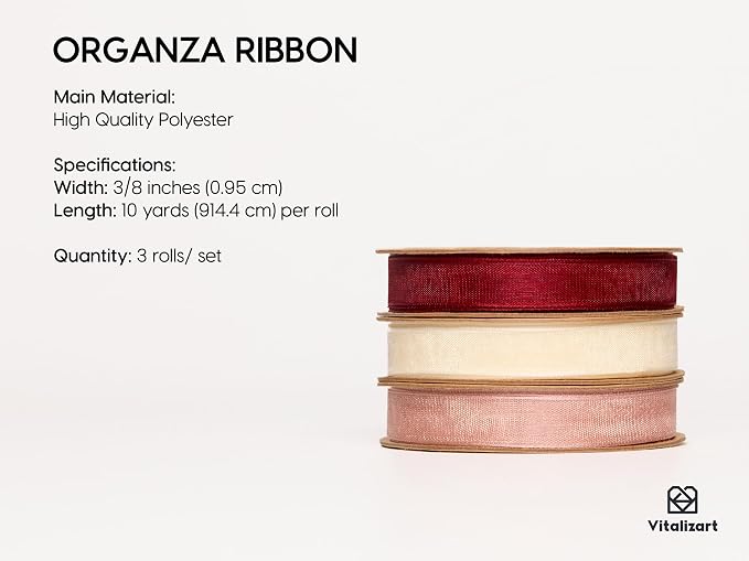 Vitalizart 3/8" x 30Yd Organza Ribbon Red Pink White Sheer Ribbons Set 10 Yd x - Image 2