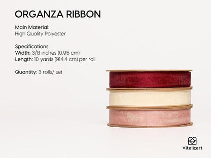 Vitalizart 3/8" x 30Yd Organza Ribbon Red Pink White Sheer Ribbons Set 10 Yd x - Image 2