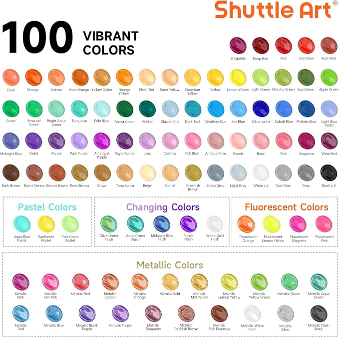 Shuttle Art 100 Colors Acrylic Paint, 2oz/60ml Bottles, Include 2 Sets of 12 - Image 2