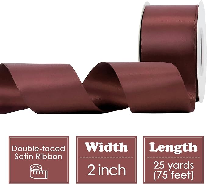 HUIHUANG Burgundy Ribbon 2 inch Double Side Burgundy Satin Fabric Ribbon - Image 2