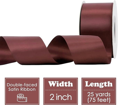 HUIHUANG Burgundy Ribbon 2 inch Double Side Burgundy Satin Fabric Ribbon - Image 2